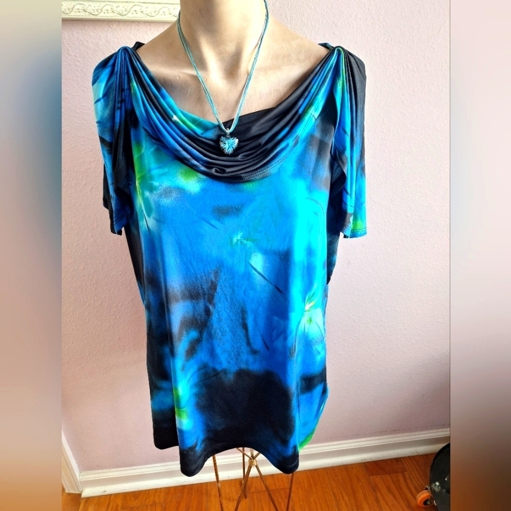 Worthington Black and Blue Print Patterned Dressy Blouse Size XL